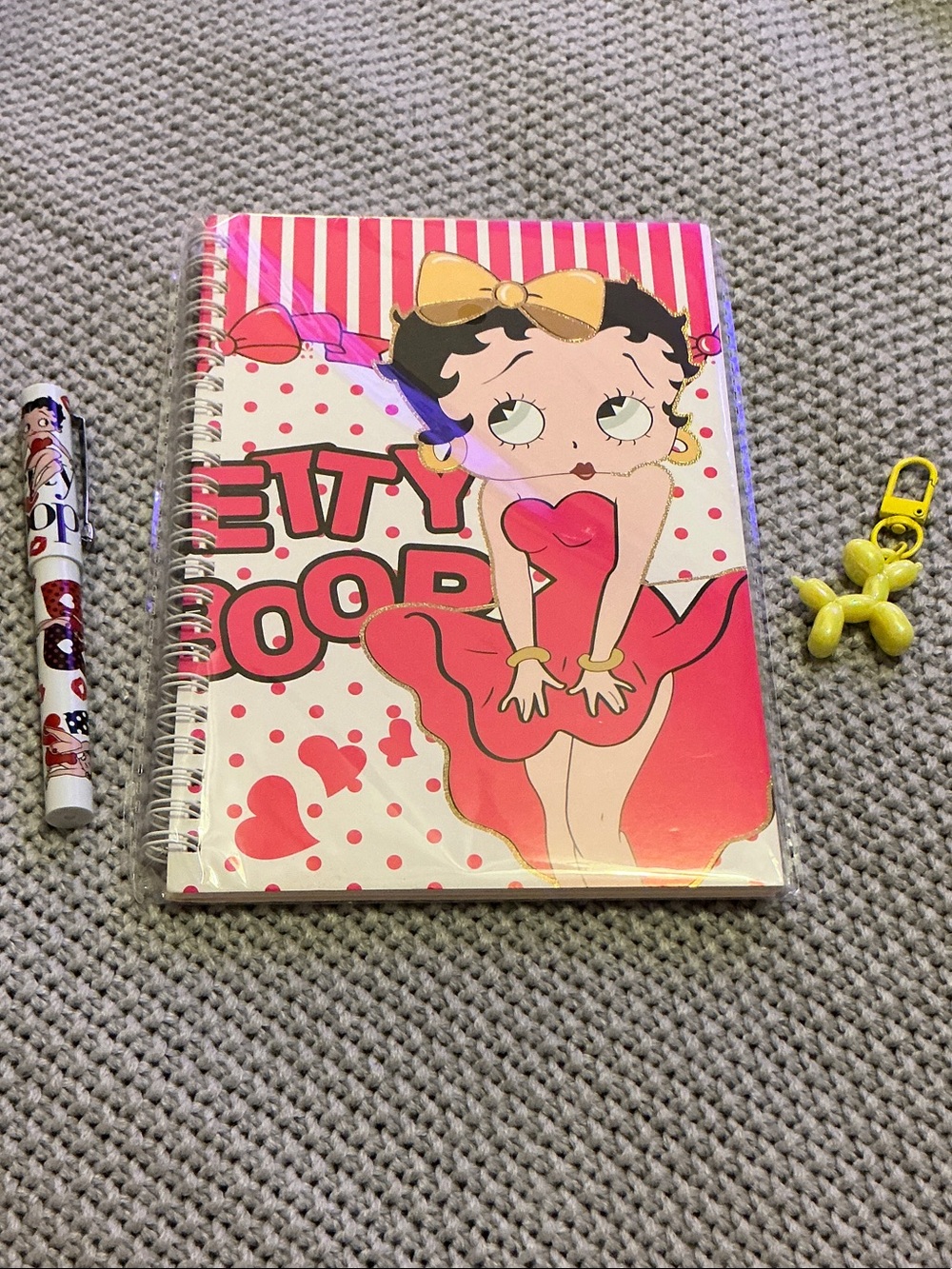 Betty Boop (3Pcs) Pink Spiral Notebook - W/Pen & Ballon Dog Keychain.